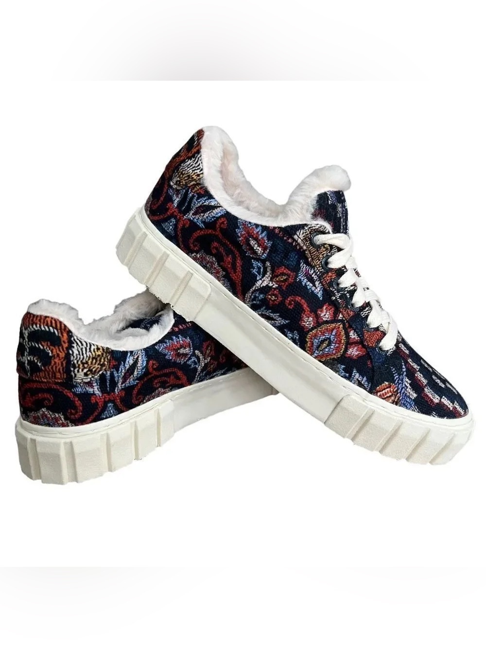 Farm Rio Ainika Tapestry Platform Sneakers Faux Fur Lined - Size 5